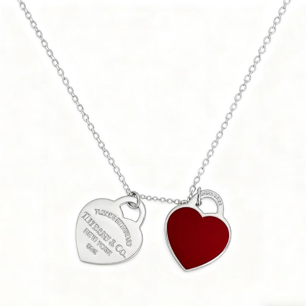 Tiffany Double Heart Tag Necklace with Red Enamel in Sterling Silver